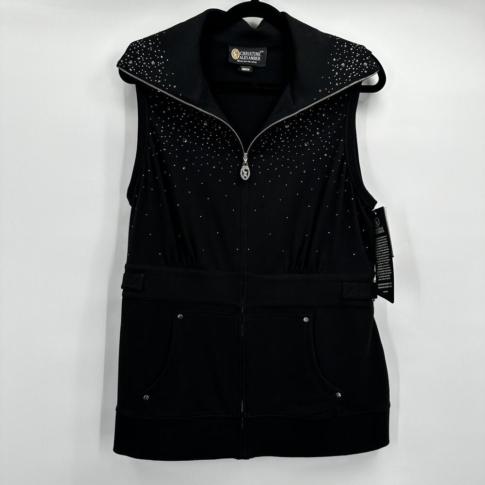 Christine Alexander Vest Womens Medium Black Silver Night Shower Spa Swarovski